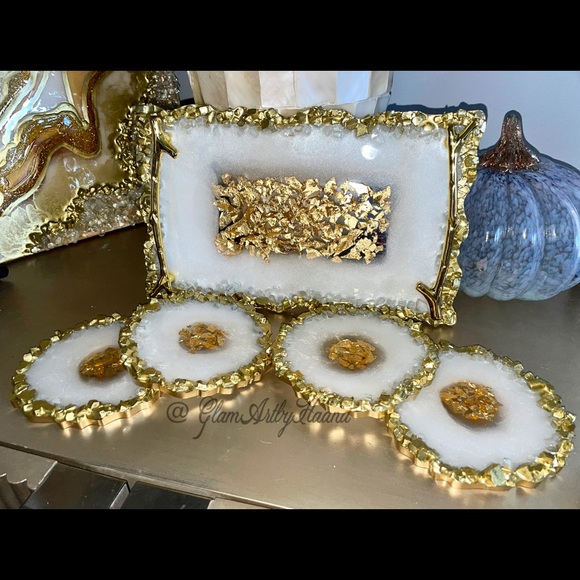 Resin Geode Agate 12” Tray and Coasters w/ Crushed Glass Edges - HANDMADE BY ME - Picture 3 of 10